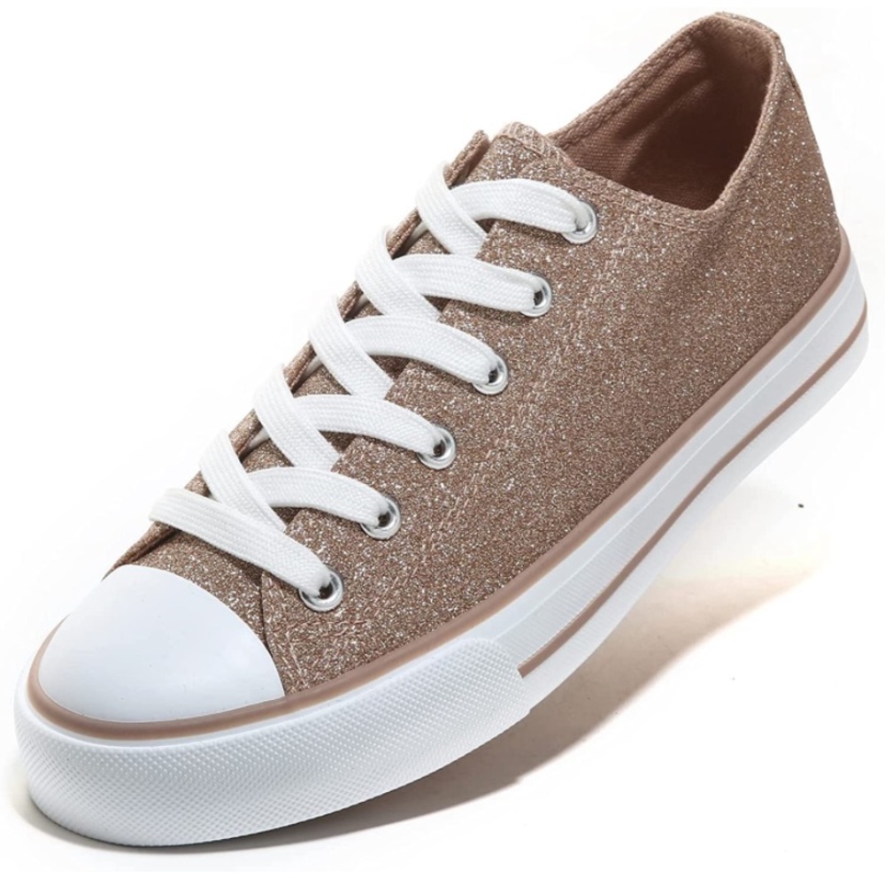 Champagne Glitter Canvas Shoes Low Top Lace Up Non Slip Sneaker